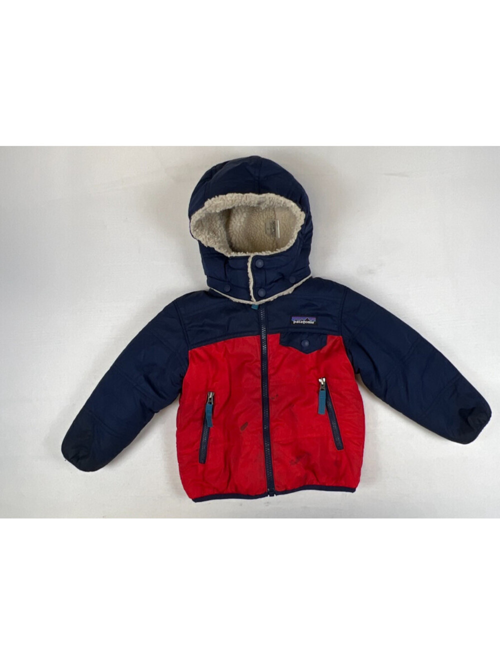 Patagonia Kids Toddler 2T Reversible Fleece Hooded Jacket Blue Red Cream